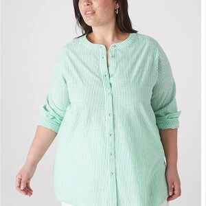 Lane Bryant Long-Sleeve Loose Button-Down Top Green Stripe 14/16